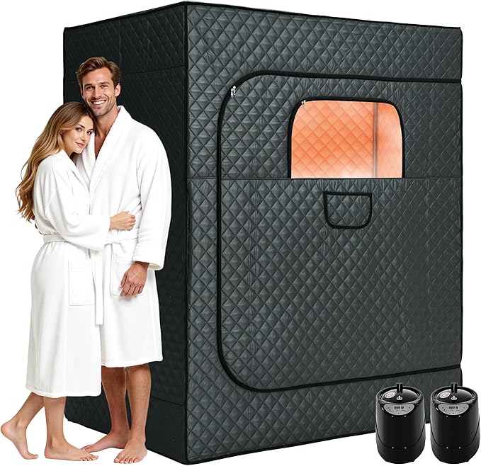 Albott 2 Person Steam Sauna for Home, Portable Sauna Tent with 3L 1500W Steamer, Extra Large Size 4.9’ x 3.3’ x 5.9’ Full Body Home Spa, Remote Control, Folding Chair, Grey
