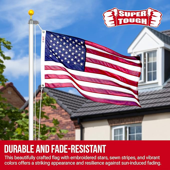 Super Tough 5Ft x 8Ft American Flag - Double Sided, Heavy Duty Nylon USA Flag with Embroidered Stars and Sewn Stripes Suitable for Outdoors - Red/White/Blue