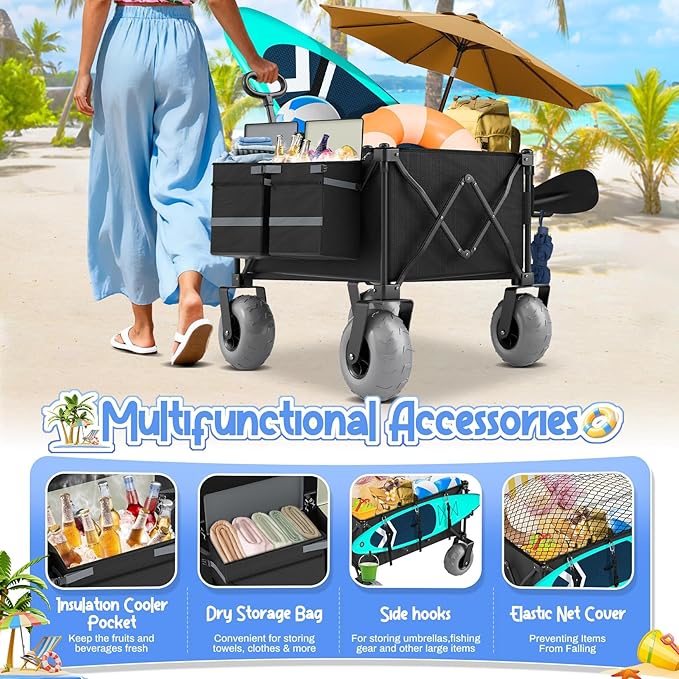 Beach Wagon with Big Wheels for Sand Heavy Duty Collapsible Wagon with 9" All Terrain Inflatable Tires, Foldable Beach Cart for Camping Outdoor Grocery Shopping Garden Sports