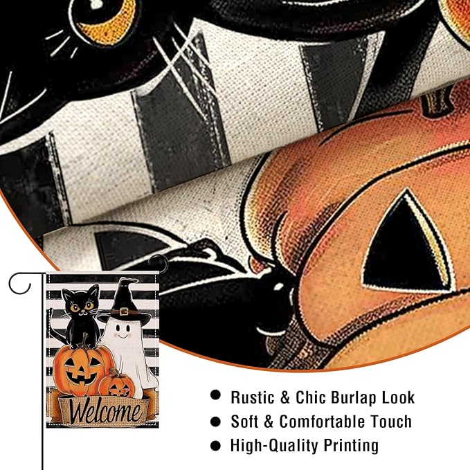 Artofy Welcome Halloween Black Cat Ghost Small Decorative Garden Flag, Spooky Jack O Lantern Pumpkin Yard Lawn Outside Decor, Funny Stripes Burlap Outdoor Home Decoration Double Sided 12 x 18