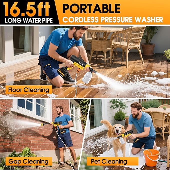 Cordless Pressure Washer Battery Powered, 130Bar/1885PSI Cordless Power Washer with 3.0Ah Battery&Charger&6-in-1 Nozzle, Handheld Pressure Washer Cleaner Portable Power Washer Kit for Car/Garden/Home