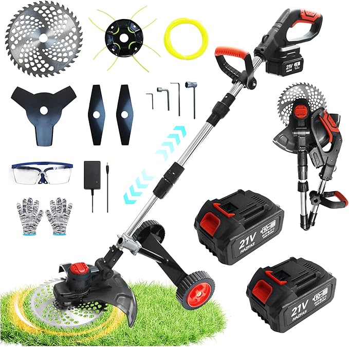 Cordless Weed Wacker, 12-Inch Electric Weed Wacker, Brushless Grass Trimmer with Wheels, 2×4.0Ah Batteries, Lightweight Electric Weed Eater with Telescoping Shaft for Lawn, Yard, Garden, Black
