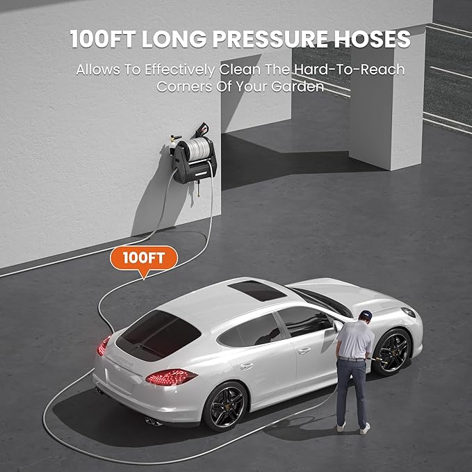 Giraffe Tools Grandfalls Retractable Pressure Washer Plus, Electric Wall Mount Pressure Washer with 100FT Ultra-Soft Pressure Hoses, 2900PSI, 2.2GPM, 4 Nozzles, Foam Cannon, Dark Silver