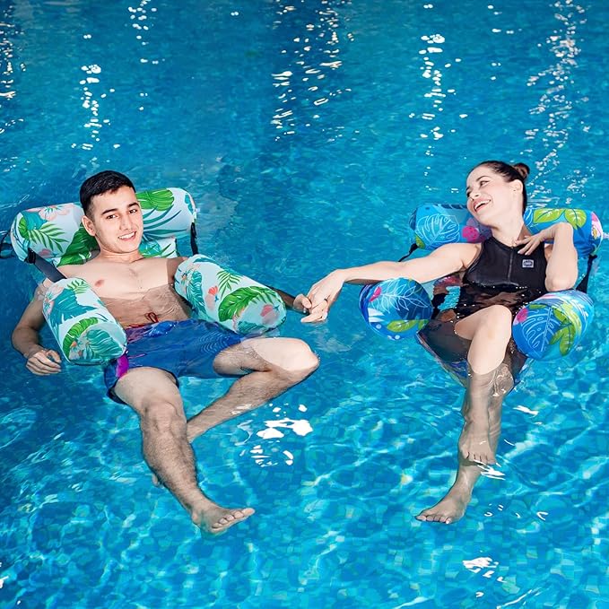 WERNNSAI Inflatable Pool Chair Float for Adults - 2 Pack Fabric Hammock Adjustable Floating Lounge Chairs for Swimming, Beach, Lake