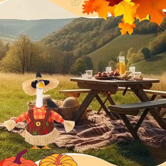 3 Pcs Thanksgiving Scarecrow Porch Goose Outfits for 23 Inch Lawn Statue Goose Design with Hat Thanksgiving Day Fall Garden Patio Yard Outdoor Party Decorations(Female Scarecrow)