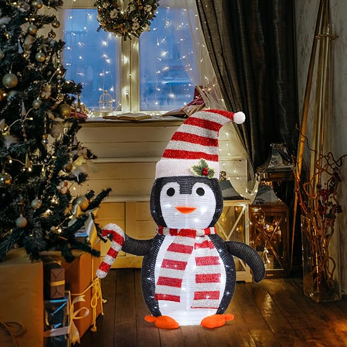 Christmas Standing Lighted Penguin Decoration, Battery Operated Light-Up Christmas Decorations for porches, lawns, Yards, Indoor and Outdoor