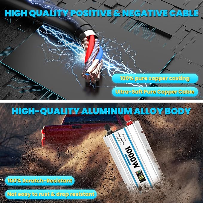 1000W Car Inverter 12V to 110V DC to AC Power Inverters for Vehicles with 2 AC Outlets/36W PD USB-C/18W QC USB-A Fast Charging/Cigarette Lighter/LED Display/100A Cables 1000 Watt Inverter