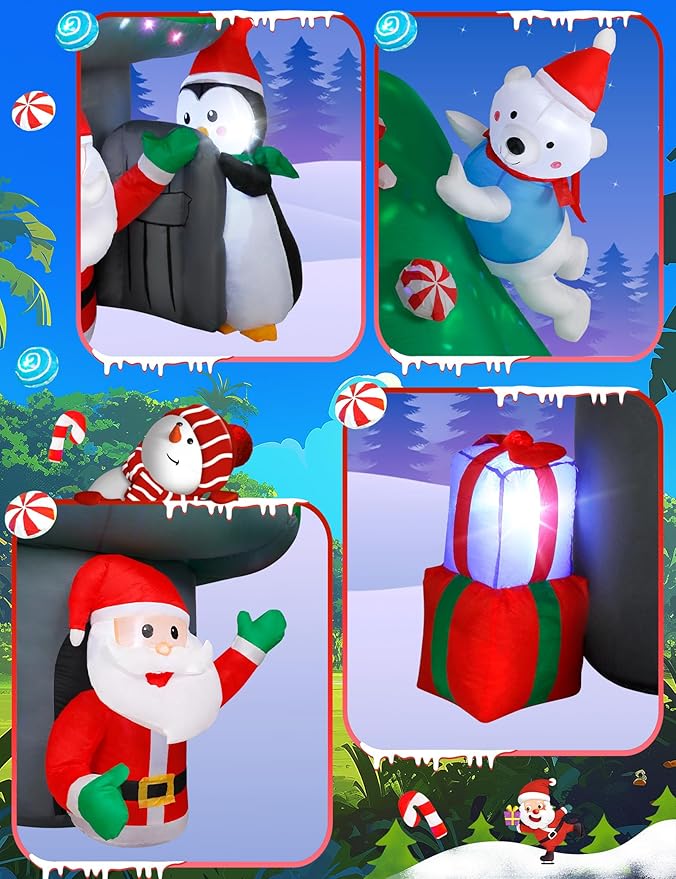 Christmas Inflatable Outdoor Decoration, 7FT Blow Up Mushroom House with Santa, Polar Bear & Penguin, Built-in Colorful Light Inflatable Christmas Tree & Gift Boxes for Xmas Party Yard Lawn Patio