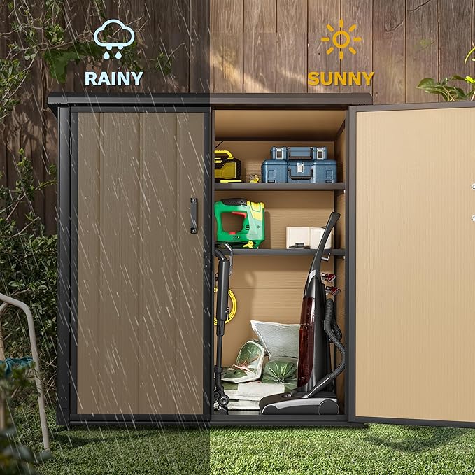 DWVO 51 cuft Outdoor Storage Shed with 2 Shelves, Weatherproof Vertical Tool Shed with Floor & Lockable Doors, Sturdy Double-Wall Plastic Cabinet for Garbage Cans and Garden Equipment (Brown)