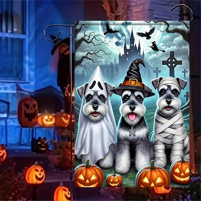 Halloween Garden Flag Double Sided 12x18 Flag Dog Fall Garden Flag Halloween Schnauzer Party Flag With Ghost Dress Up Mummy Dress Up Witch Ghost Black Castle Cross Lawn Outdoor Yard Banner