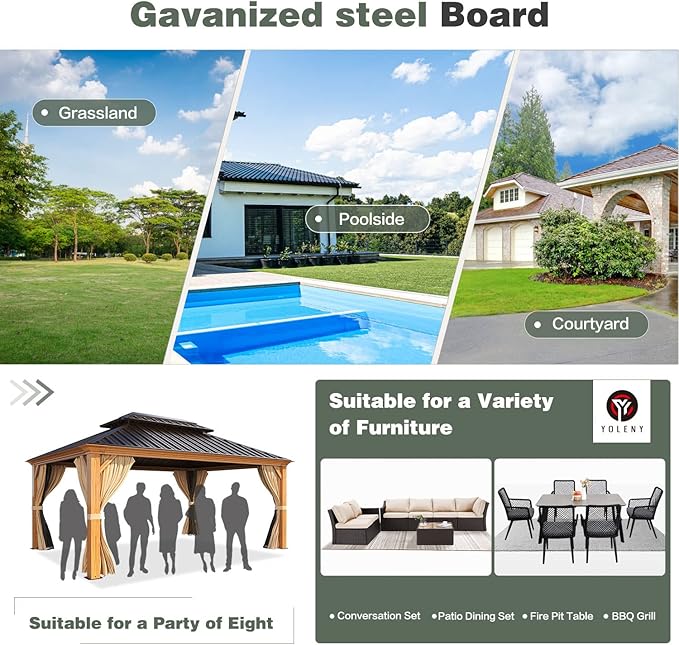 YOLENY 12'x16' Hardtop Gazebo, Wood Grain Aluminum Frame Outdoor Gazebo with Double Galvanized Steel Roof, Permanent Metal Pavilion with Curtains and Nettings for Patio, Backyard, Deck and Lawns