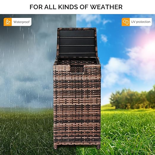 VINGLI 33 Gallon Outdoor Trash Can with Convenient Lid, Rattan Garbage Container with Side Hook, Weatherproof Patio Trash Can for Graden, Yard, Patio, Brown