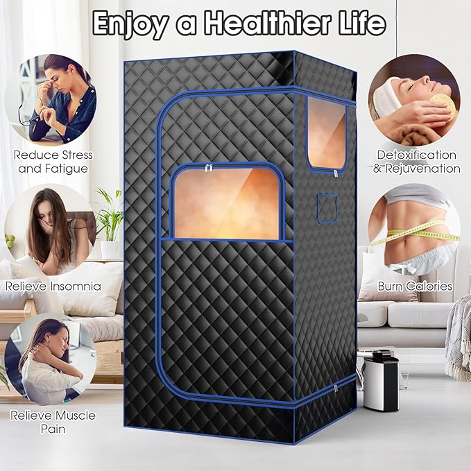 COSTWAY Portable Steam Sauna, Personal Home Sauna Tent w/ 3L Steam Generator, Foldable Chair, Remote Control, 9-Level Adjustable Temperature, Timer, Full-Size Indoor Steam Room for Home Spa (Black)