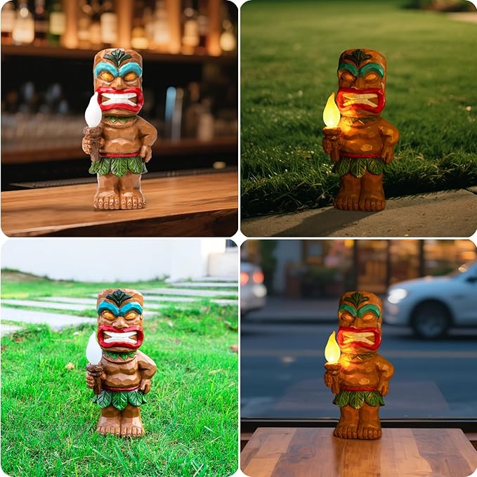 Solar Tiki Garden Statues Tiki Holding Torches with Flickering Flame LED Lights Bar Porch Lawn Yard Outdoor Decorations Christmas Thanksgiving Birthday Gardening Gift for Mom Women