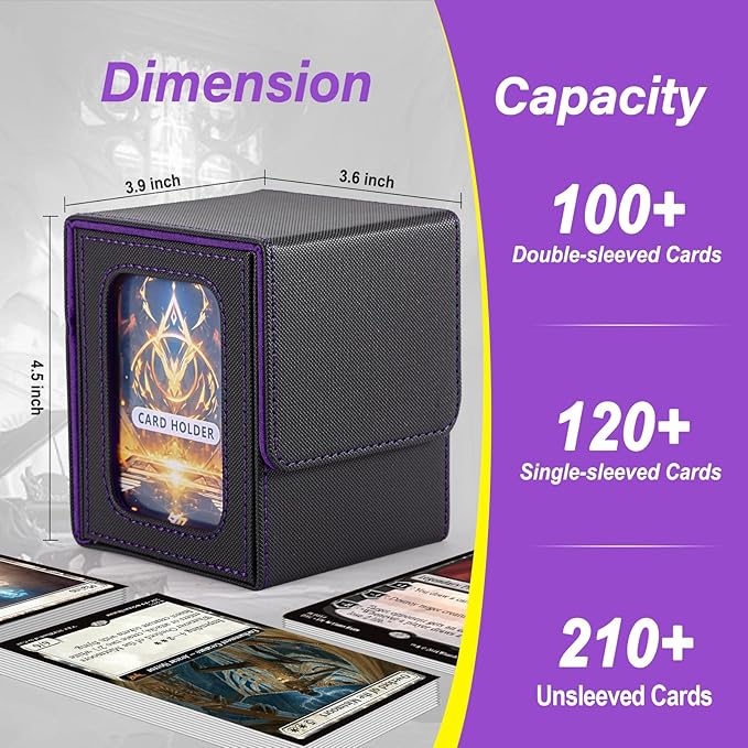MTG Deck Box, Double Display Window MTG, Commander Deck Box Fits 120+ Single Sleeved Cards, PU Leather Magnetic Closure Card Box with 2 Dividers&2 Toploaders for TCG, CCG, Black/Violet