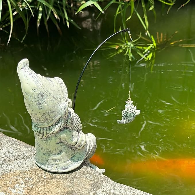 GARDEN WHISPER Gnome Statue Outdoor Garden Pond Koi Decoration, Fishing Gnome Sculpture Garden Koi Pond or Waterfall Decor, 9.7" Dwarf Fishing Poolside Statue, Great Gifts for Mom (Cartoon Style)