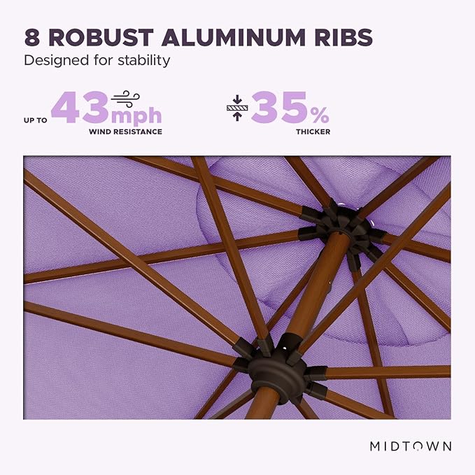 Midtown Umbrellas Wooden 2-8 Feet Outdoor Patio Umbrella, Terylast Midtown Purple Fabric, Aluminum Frame For Backyard Umbrella, Deck Umbrella, Garden Umbrella & Pool Umbrella - Wooden Pole