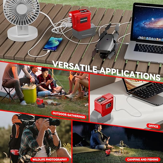 200W Power Inverter for Milwaukee 18V, DC 20V to AC 110V Inverter, Portable Power Station with 2 USB Ports & 1 AC Outlet & 1 Type-C Fast Charging, Battery Adapter with LED, Battery Not Include