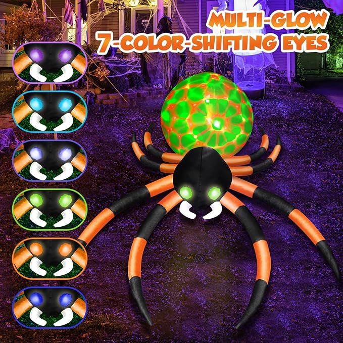 12Ft Giant Halloween Inflatables Spider Built-in 7-Color-Shifting Eyes & 3-Effect-Flashing Belly, Large Halloween Decorations Outdoor Huge Blow Up Yard Decorations Blowups for Holiday- 1PCS（Orange