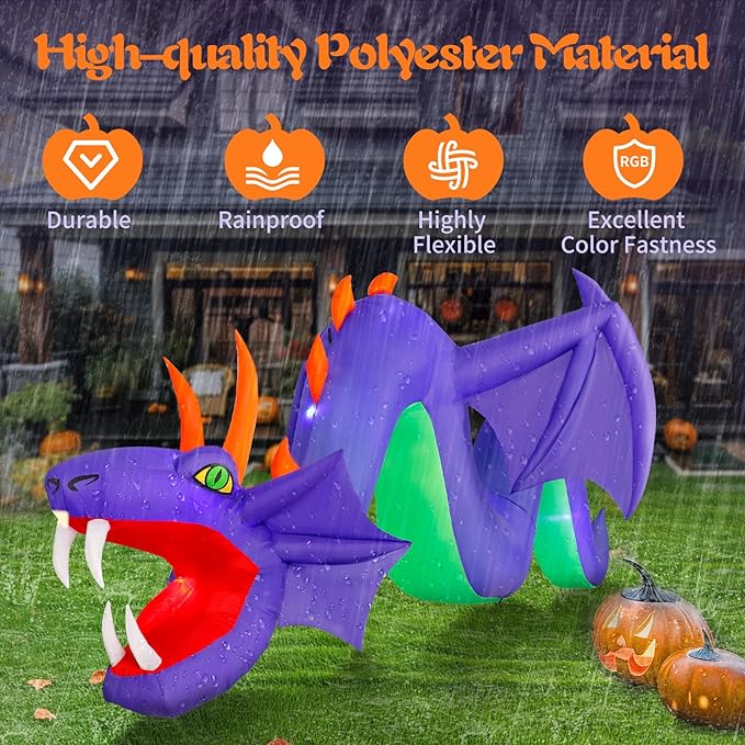 12ft Halloween Inflatable Dragon Decorations,Open Mouth and Sharp Teeth Outdoor Giant Purple Decorations,Built-in 7 LEDs Blow Up Dragon Inflatables for Yard, Lawn & Garden Internal Lights
