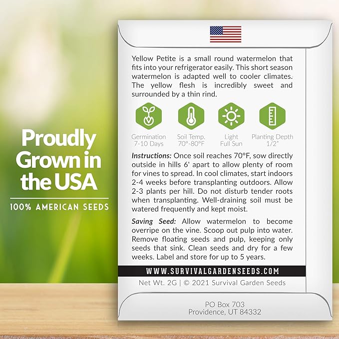 Survival Garden Seeds - Yellow Petite Watermelon Seed for Planting - 5 Packs with Instructions to Plant and Grow Small Yellow Watermelons in Your Home Vegetable Garden - Non-GMO Heirloom Variety