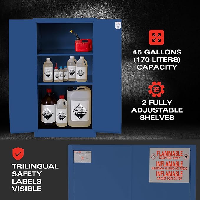 FireKing Blue Flammable Safety Cabinet, Corrosives Flammable Storage Cabinet, 45 Gallon Steel Safety Cabinets with Manual Door for Commercial, Industrial & Home Use, 43" x 18" x 65"