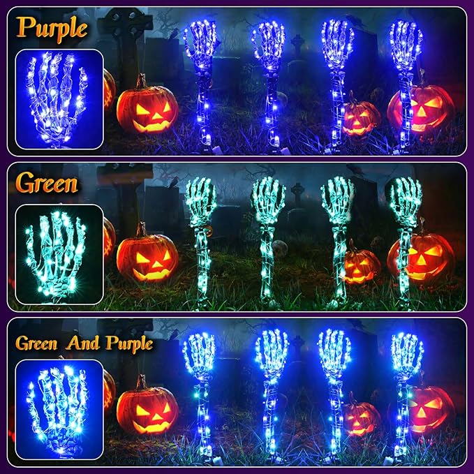 Halloween Lighted Skeleton Hands Set, 4 Pack Light Up Skeleton Arm Stakes, 4 x 3m 240 LED Green & Purple Lights with 3 Modes, Realistic Halloween Yard Outdoor Decorations Graveyard Garden