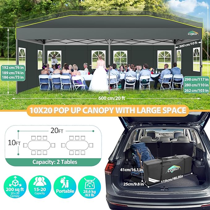 COBIZI 10x20 Pop Up Canopy with 6 Sidewalls One Push Setup Outdoor Event Shelter Waterproof UPF 50+ Gazebo Tent with Carry Bag,Air Vent,Sandbag for Commercial, Wedding, Party,Grey