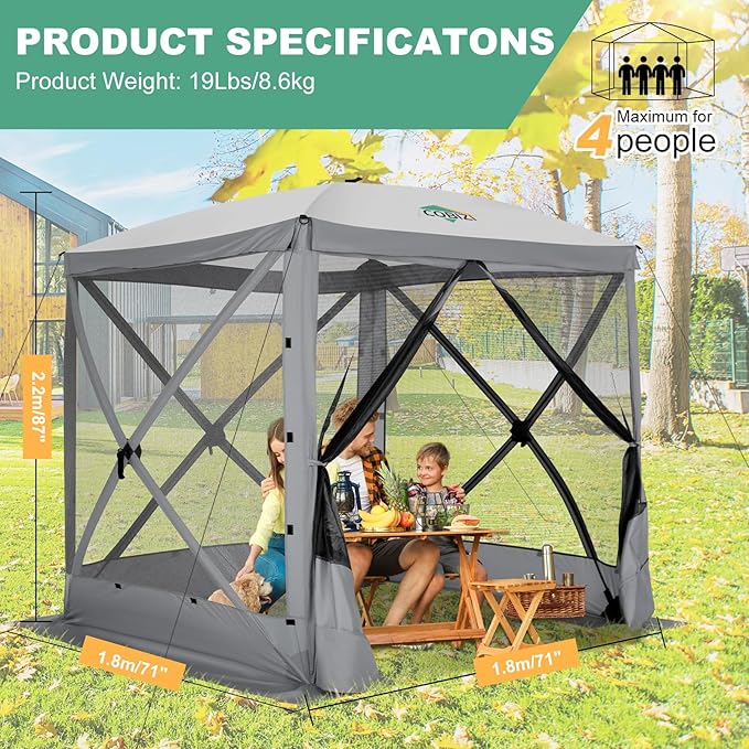 COBIZI 6x6 Pop up Gazebo Tent, Ez up Waterproof Screen Tent Screen House, Portable Outdoor Canopy Sun Shelter with Carry Bag & Ground Stakes for Camping, Garden and Picnics, Gray(Upgraded 2.0)