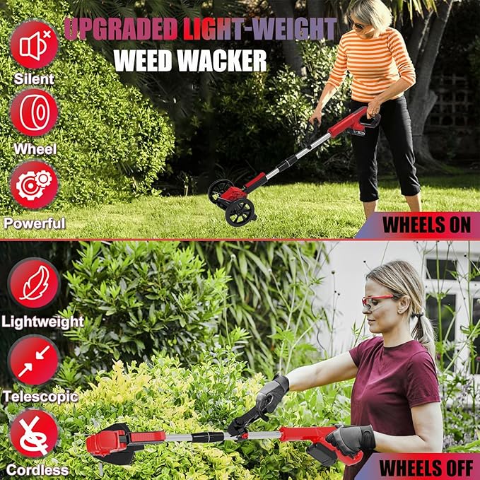 Electric Weed Wacker Cordless Eater Battery Powered String Trimmer, with 2Pcs 21V Battery 5 Types Blades Lightweight Grass Trimmer Edger Lawn Tool, Push Wheeled No-String Trimmer for Garden Yard