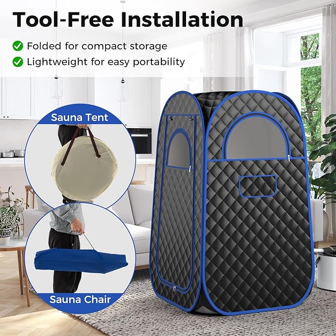 Giantex Portable Sauna, Full Body Steam Sauna w/ 3L Steam Box, Remote Control, Wood Foot Roller & Foldable Chair, Pop-Up Sauna Box for Single Person, Lightweight Personal Sauna Tent for Home (Black)