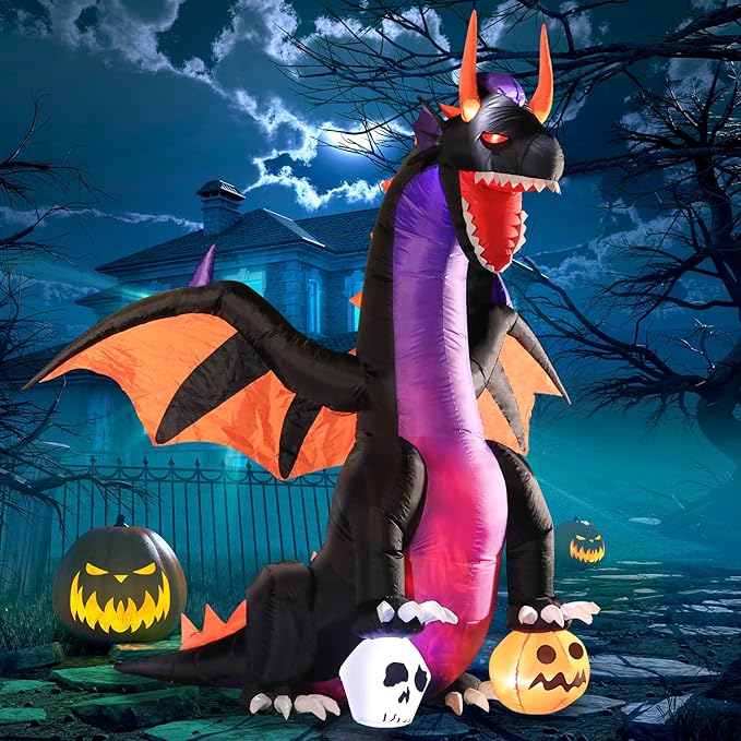 DomKom Halloween Inflatable Blow Up Decorations, 7FT Dragon Steps on Pumpkin and Skull, Built-in LEDs for Holiday Party, Garden, Lawn, Yard, Patio Décor