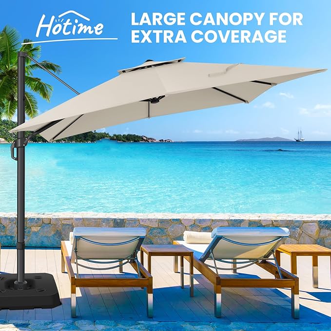 Hotime 10ft Cantilever Patio Umbrella Outdoor Heavy Duty Double Top Windproof Aluminum Offset Umbrella with 360°Rotation for Pool Garden Deck, Beige