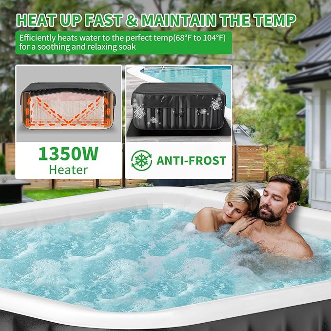 2-4 Person Inflatable Hot Tub, Square Blow Up Portable Hot Tub, Leak-Proof PVC Outdoor Spa with 120 Strong Air Jets, Heater Pump and Insulated Cover, 60” X 60”X 25”