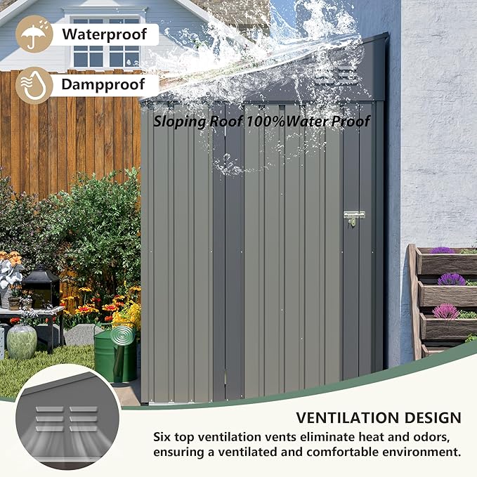 4 × 7 FT Lean to Storage Shed, Outdoor Metal Wall Side Bike Mower Sheds & Outdoor Storage Cabinet, Lockable Tool Organization Shed for Garden Patio