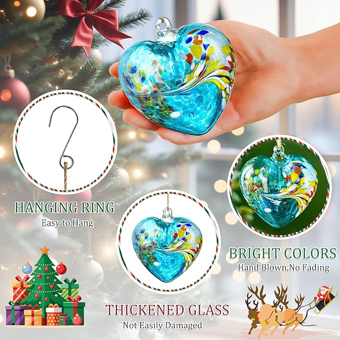 Blue Heart Hand Blown Glass Gazing Balls for Garden Hanging Friendship Balls Christmas Ball Ornaments for Xmas Tree Decoration (Blue - B)