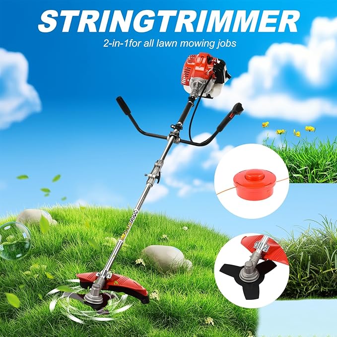 52CC 2-Cycle Gas Weed Eater, 2 in 1 Gas Weed Wacker Gas Brush Cutter, 2025 Upgraded Weed Eater Gas Powered, Gas String Trimmer and Lawn Edger, Weed Trimmer Red