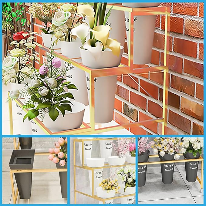 Flower Display Stand With 12PCS Buckets, 3 Layers Metal Plant Stand with Wheels, Heavy Duty Moving Plant Cart Shelf, for Indoor, Outdoor Patio Garden, Living Room, Florist (White - Round Bucket)