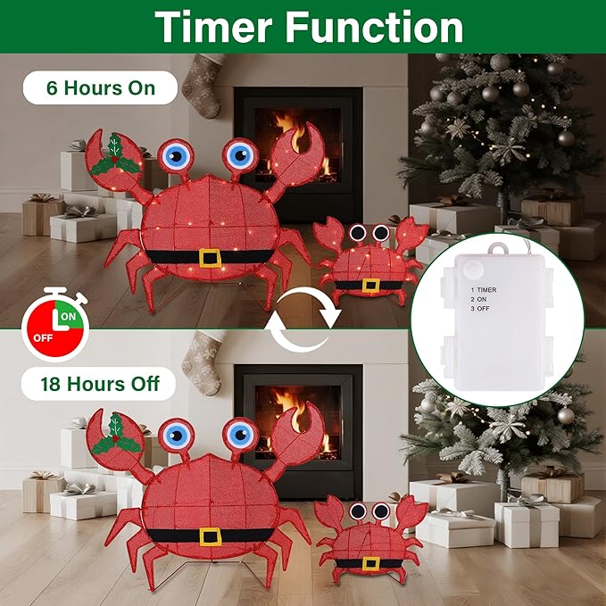 Prsildan Outdoor Christmas Decorations - Set of 2 LED Lighted Crab Yard Decor, 2D Battery Operated Holiday Lawn Figures for Porch, Garden, Home, Xmas Party Decor (Red)