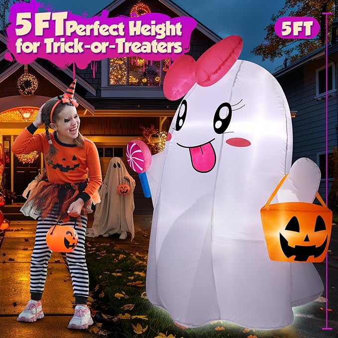 5FT Halloween Inflatables Ghost, Cute Halloween Decorations Outdoor Blow Up Yard Decorations with Built-in Bright LED Lights Pumpkin Lollipop Bow Blow-ups for Indoor Outdoor Holiday Party