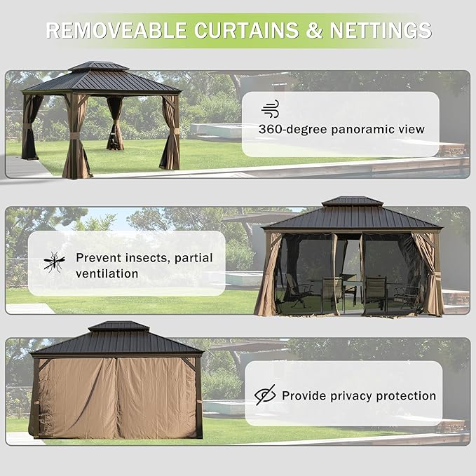 Domi 10x12FT Outdoor Gazebo, Hardtop Gazebo with Galvanized Steel Double Roof, Metal Gazebos with Drainage System Patio Pergola for Patio Deck Backyard,Curtain and Netting,Brown