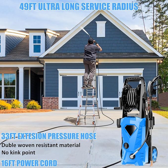 5000PSI Pressure Cleaner - 2025 New Power Cleaner with Upgraded 33ft Pressure Cleaner Hose Reel, Foam Cannon, 4 Nozzle Set, Power Cleaner for House/Patios/Car/Fence, Blue