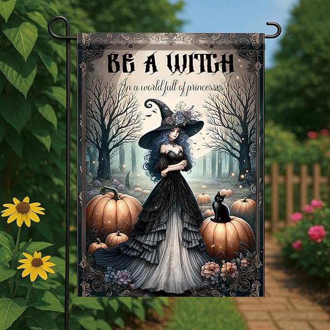 Halloween Witch Garden Flag 12x18 Inch Double Sided for Outside Witch in Black Dress Pumpkin Cat Yard Flag for Outdoor Holiday Home Decor