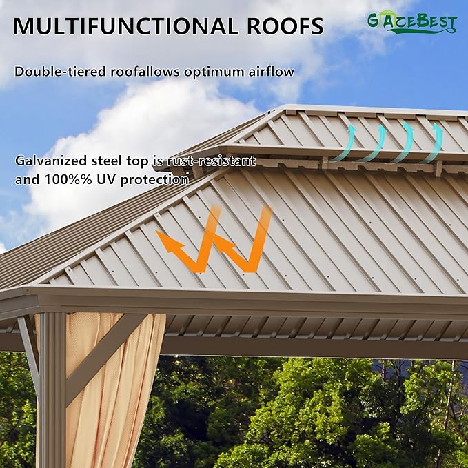 12x16 ft Hardtop Gazebo Outdoor Aluminum Patio Gazebo Double Roof Galvanized Steel Canopy with Netting and Curtains for Garden, Backyard, Deck and Lawns.