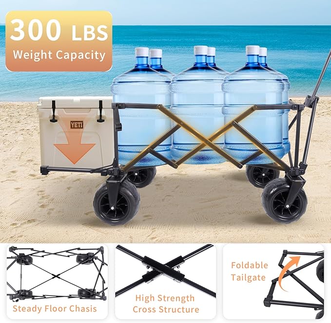 51" L Beach Wagon with 9" Sand Wheels,260L Collapsible Beach Cart with Rear Tailgate,Heavy Duty Wagon for Sand, Camping, Fishing and Sport,Black