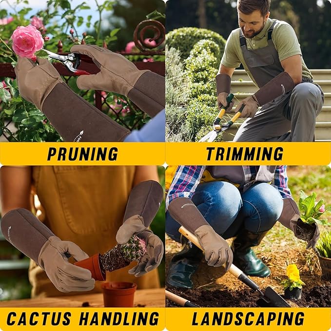 Rose Pruning Gloves for Men & Women, Long Thorn Proof Gardening Gloves, Breathable Pigskin Leather Gauntlet, Best Garden Gifts & Tools for Gardener (Coffee Colour, S)