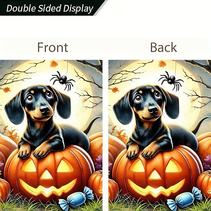Halloween Garden Flags 12x18 Inch Double Sided Trick or Treat Dachshund Dog Garden Flag Halloween Dog Skeleton Decorations Banner Small Halloween Outdoor Yard Flag for Outside
