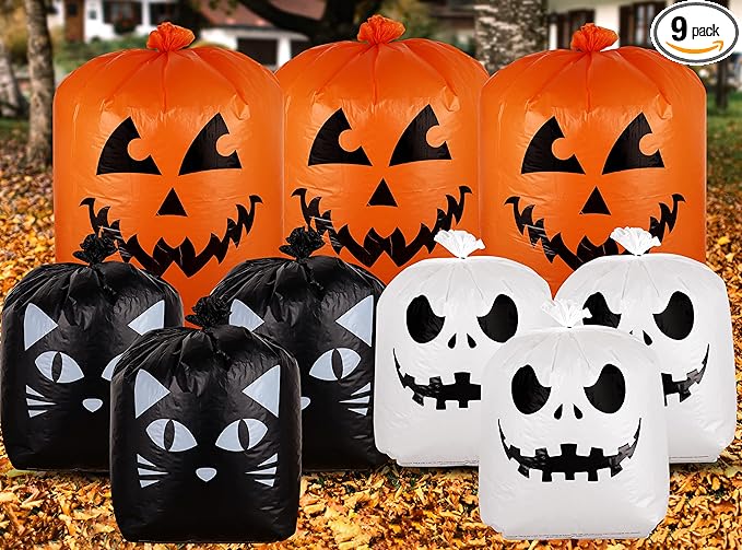 Giiffu 9-Pack Halloween Leaf Bags with Twist Ties – Heavy Duty Pumpkin Yard Waste Bags for Lawn, Garden, Porch, Indoor & Outdoor Halloween Decorations