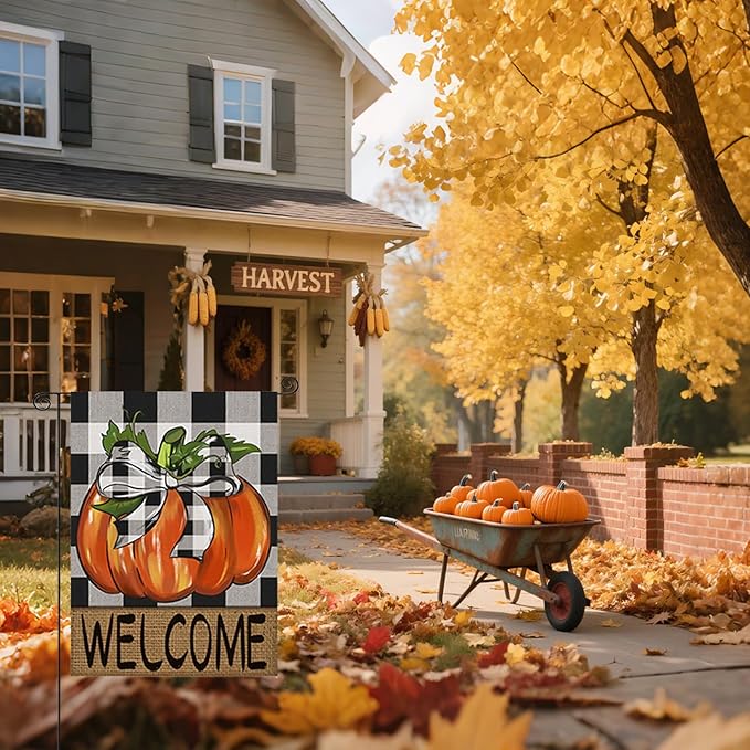 Garden Flags Set of 2 Incl. Fall Pumpkin Welcome Flag & Happy Halloween Garden Flag, Autumn Thanksgiving Holiday Harvest Burlap Yard Flag, Ghost Bats Decorations Outdoor, Double Sided 12x18 Inch