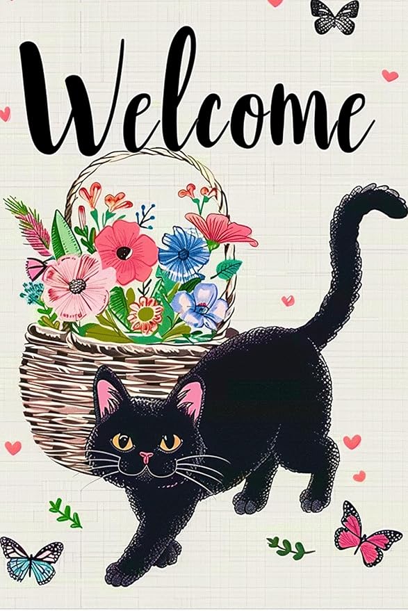 Welcome Cat Garden Flag 12x18 Inch Cute Black Cat Colorful Floral Butterfly Basket Double-Sided Yard Decoration for Outdoor Garden Patio Yard Spring Summer Décor